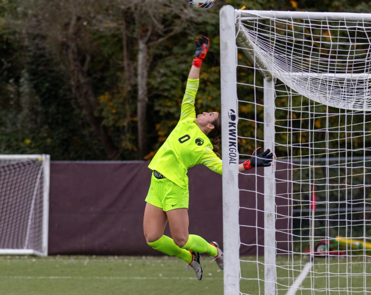 SPU junior Mercedes Cullen (0) saves the goal from opposing team MSU to keep the lead