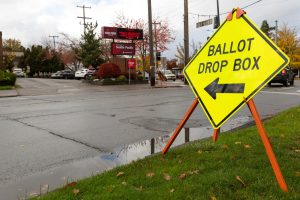 A sign guides voters to the ballot drop box outside the Seattle Pacific University Bookstore on Tuesday, Nov. 5, 2024, in Seattle.