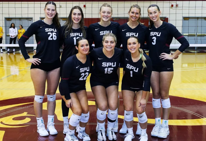 From left to right (back) Sydney Perry, Sarah Brachvogel, Hannah Hair, Erin Smith and Allison Wilks and (front) Zoe Shuckhart, Emily Tulino, and Abigail Cunningham pose for a photo during Senior Day on Nov. 23, 2024, in Seattle.
(Courtesy of Seattle Pacific University Athletics)