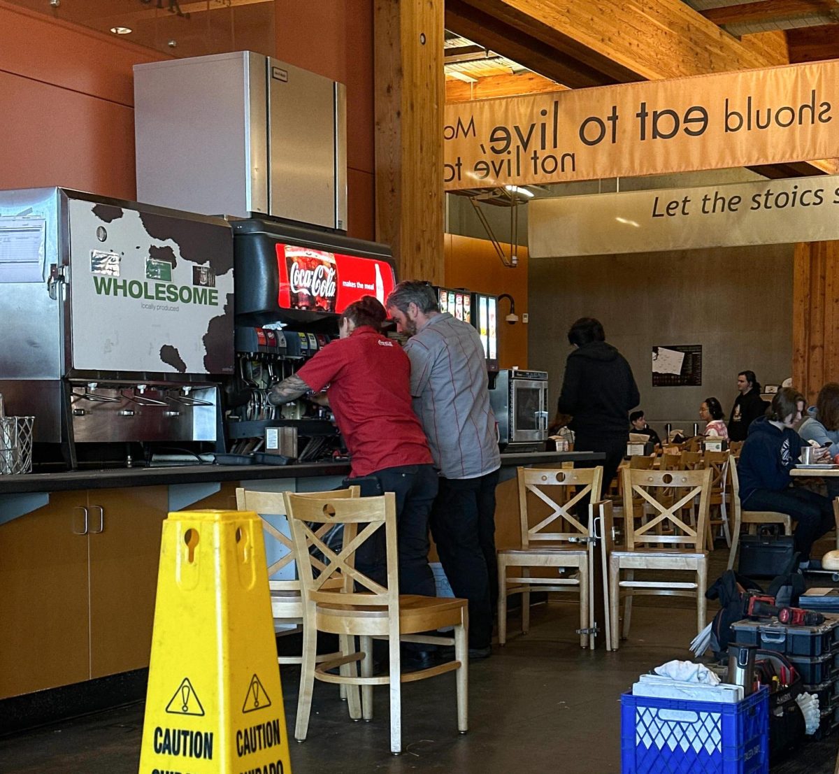 A Coca-Cola employee and a Gwinn employee set up the new soft drink fountain in Gwinn Commons on Nov. 7, 2024.