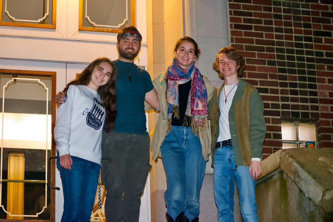 "The Thanksgiving Play" Actors Kaelin Eckles, Dutch VanOmmen, director Emily J. Haan and actor Daniel Mercado in  front of McKinley Hall