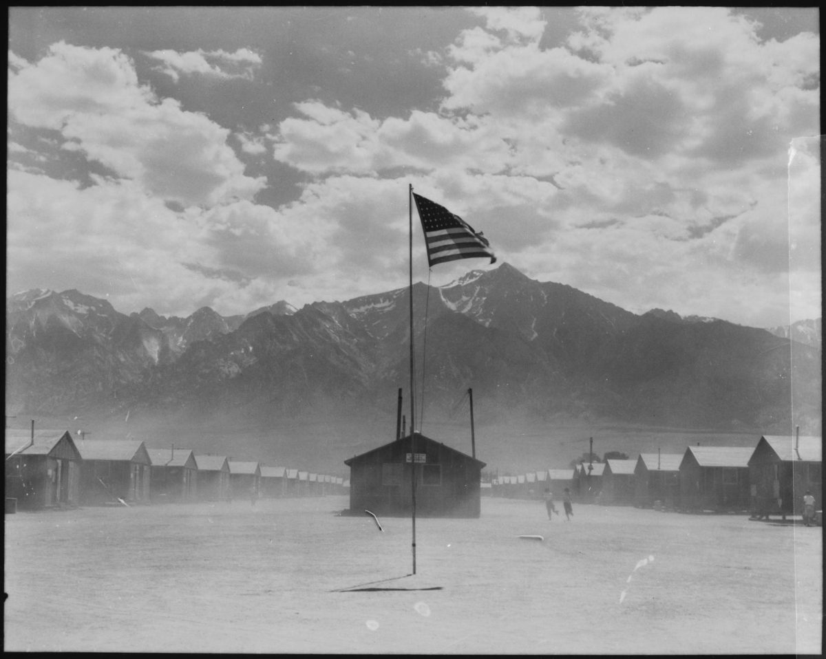 Manzanar, California. Dust storm at this War Relocation Authority center where evacuees of Japanese ancestry are spending the duration. (Dorothea Lange /War Relocation Authority, National Archives)