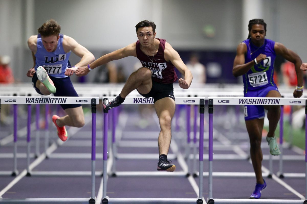 Freshman Andrew Bell participates in hurdles at the UW Indoor Track and Field Preview on Jan. 17 and 18, 2025, at UW Dempsey Indoor in Seattle.