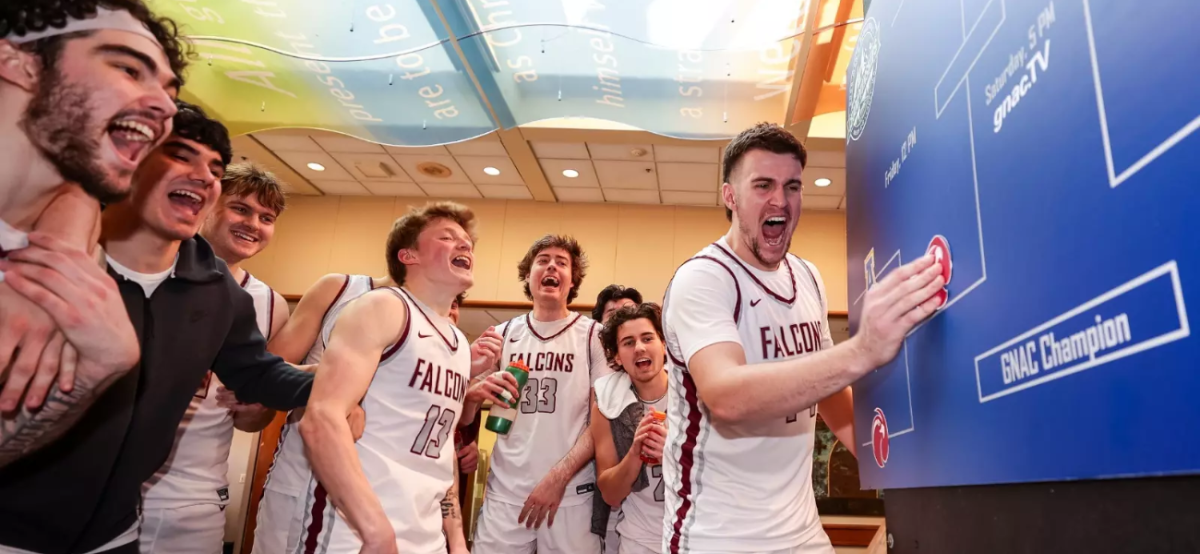 SPU men's basketball team celebrating a quarterfinal win against Alaska Fairbanks on March 6, 2025. (Courtesy of Seattle Pacific University Athletics)