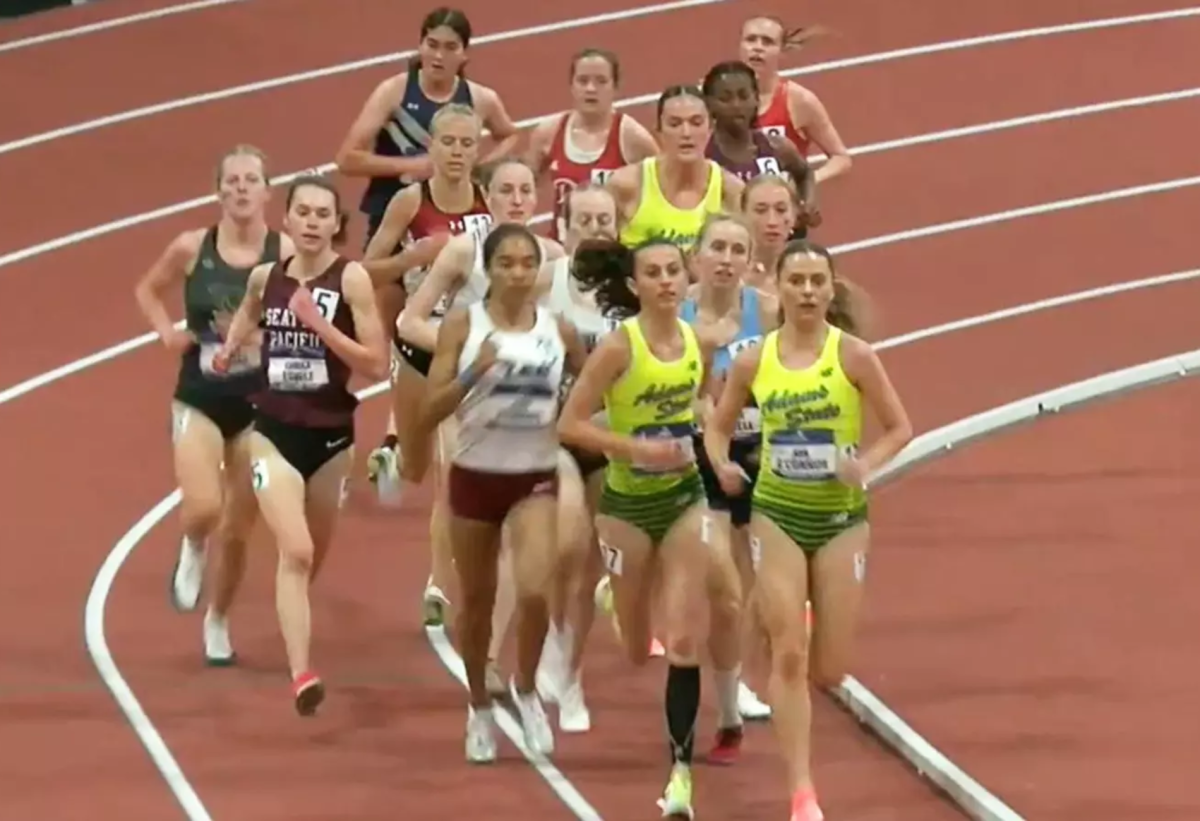 Fifth-year Annika Esvelt (5, second from left) runs with the leaders in the NCAA women's 3000 on Saturday, March 15, in Indianapolis, Indiana. (Courtesy of SPU Athletics)