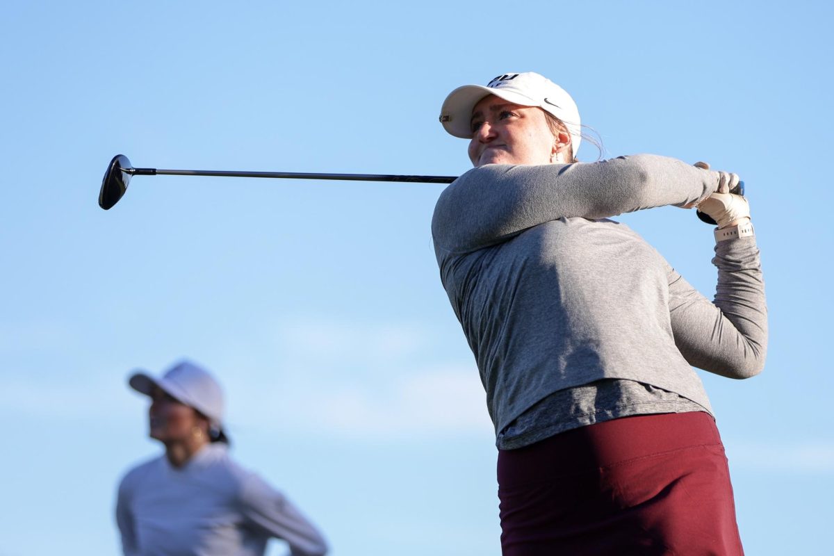 Seattle Pacific University womens golfer Natalie Eklund tees off during practice , Friday, Feb. 28, 2025, in Seattle.