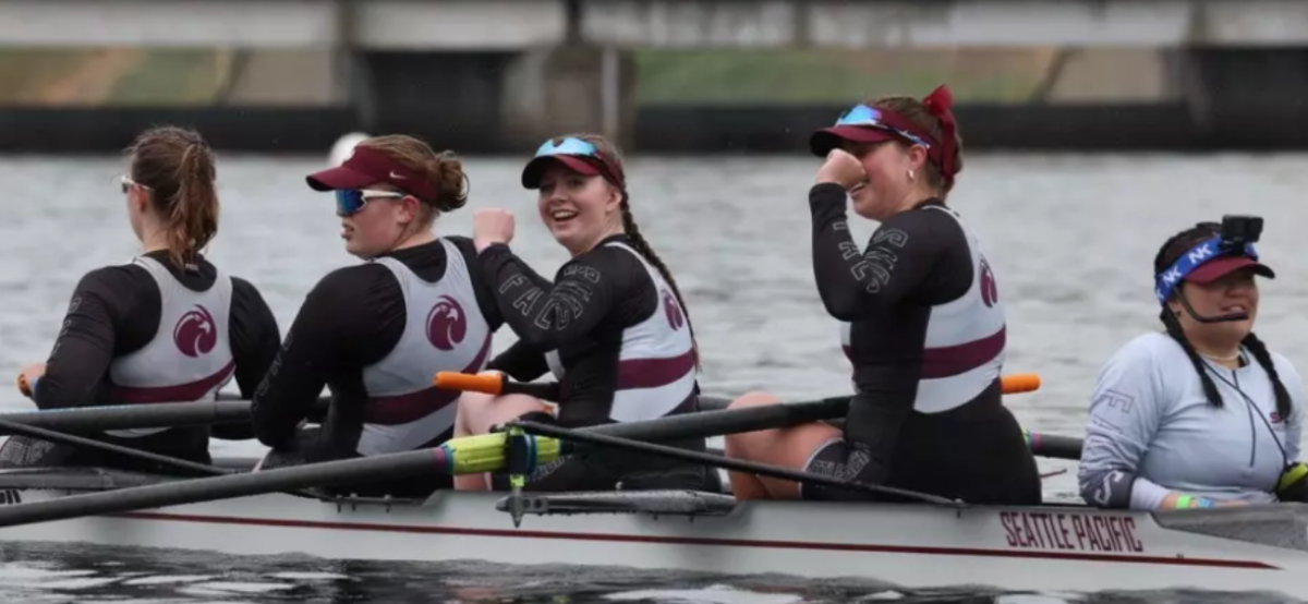 The Seattle Pacific Varsity 4+ on the water at the WIRA Championships in Gold River, California, on April 27, 2025.
Seated from left to right: Megan Rouse, Emma Ely, Emmerson Spencer, Brittan Dalberg and Lexi Roybal (Courtesy of SPU Athletics).