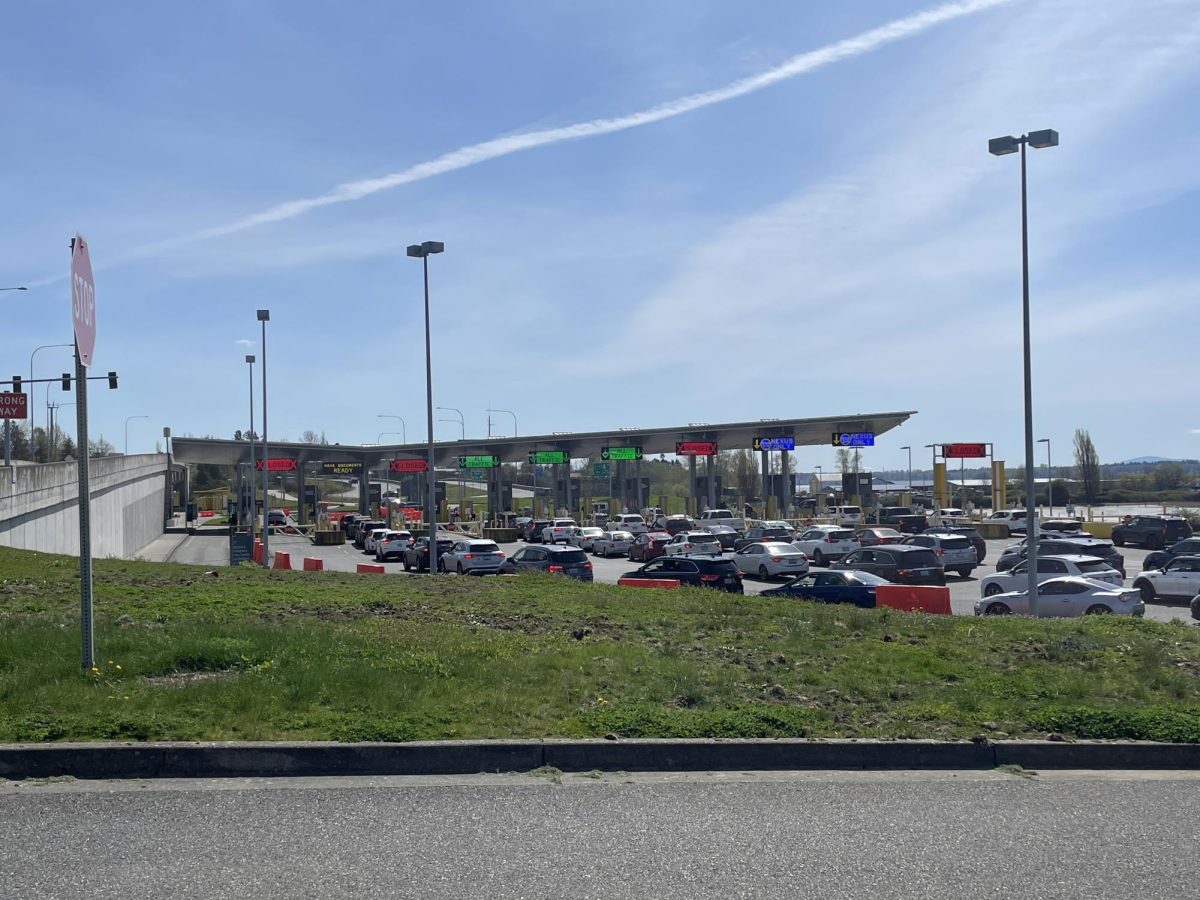 Cars line up at the US-Canada border crossing at the Peace Arch Memorial Park on Apr. 13, 2025 in Blaine, Washington. 