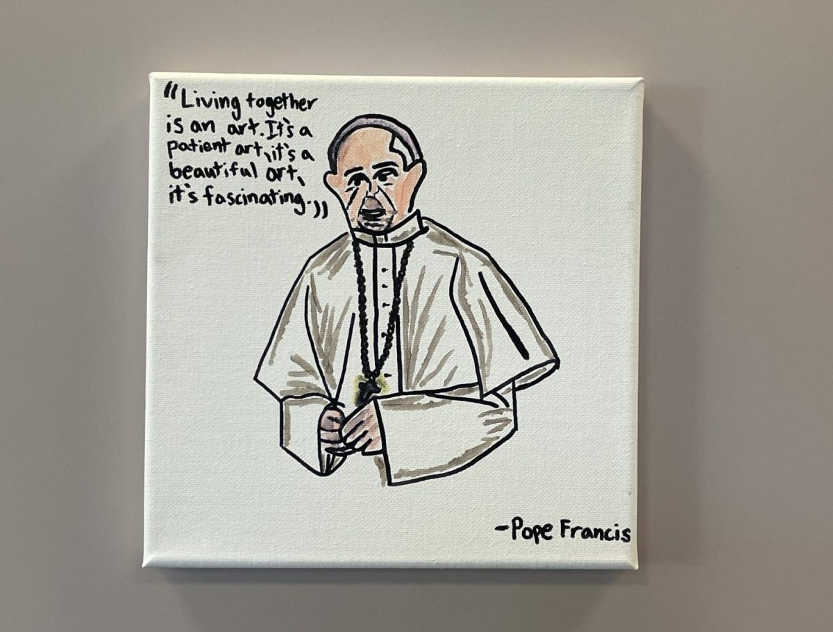 Portrait of Pope Francis by Conner DeCoursey in the lower lobby of Ashton Hall on April 23, 2025.