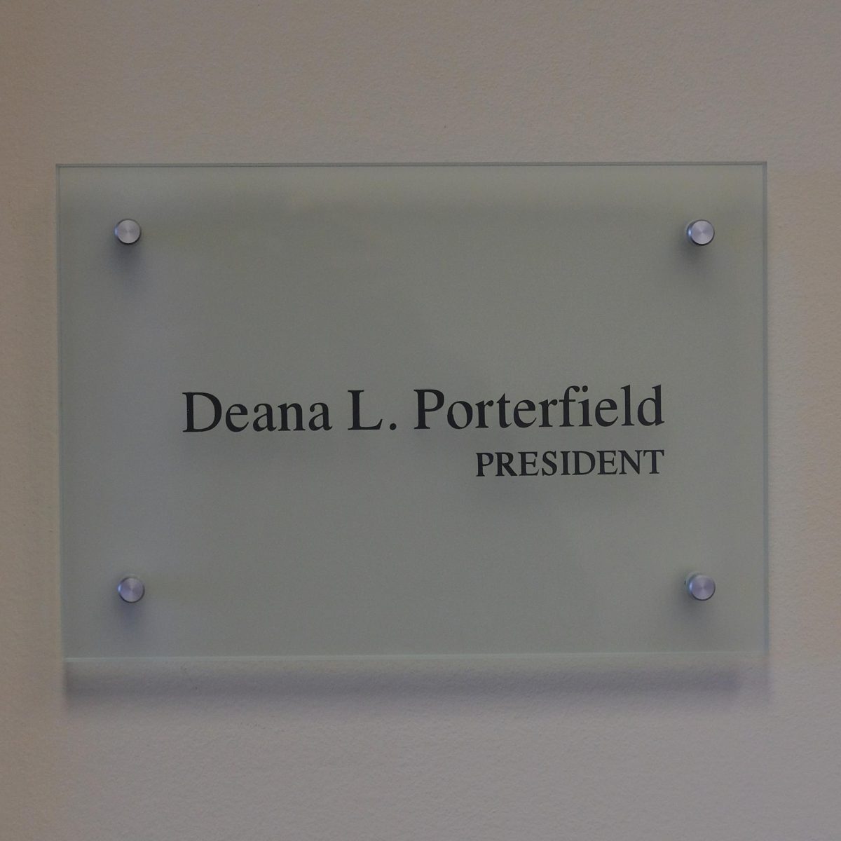 The nameplate outside of President Deana Porterfield's office in Demaray Hall on Apr. 22, 2025.