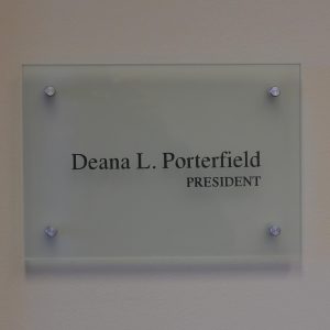 The nameplate outside of President Deana Porterfield's office in Demaray Hall on Apr. 22, 2025.