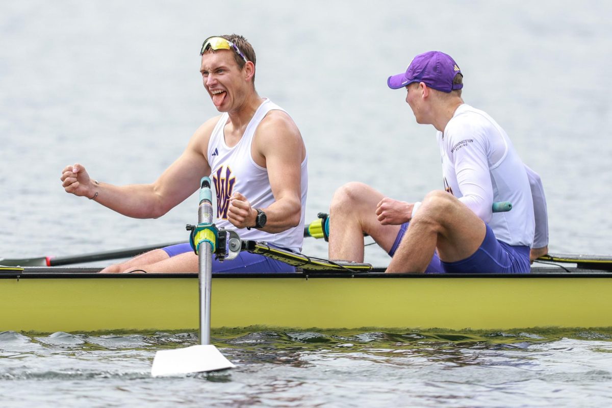 Jonathan Wang-Norderud from the University of Washington men's varsity eight reacts after winning the Windermere Cup, Saturday, May 3, 2025, in Seattle.