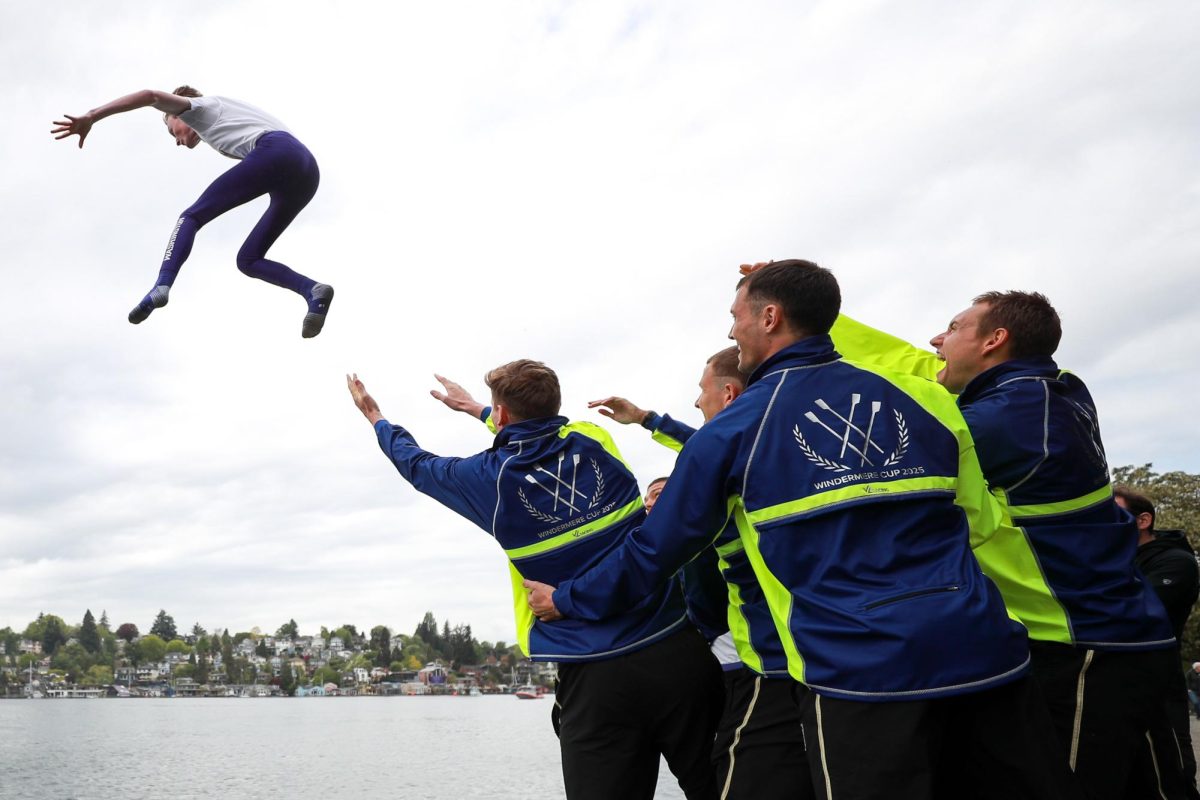 The University of Washington women's varsity eight throws coxswain Isabel Michaelson into the cut after winning the Windermere Cup, Saturday, May 3, 2025, in Seattle.
