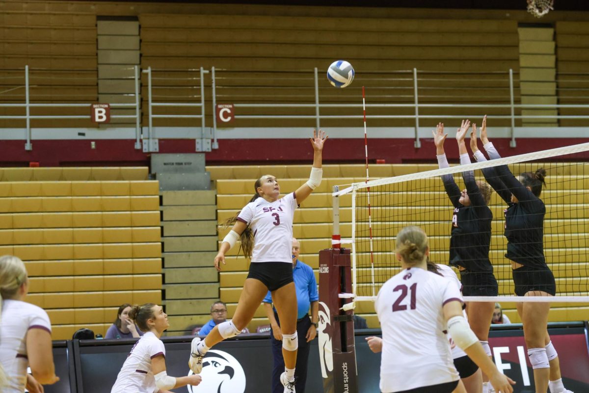 Freshman Megan Omlid, tipping the ball over the net at Royal Brogham Pavilion.