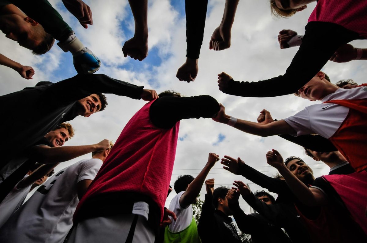 Seattle Pacific Men's team gathering before the start of the game against Northwest Nazarene